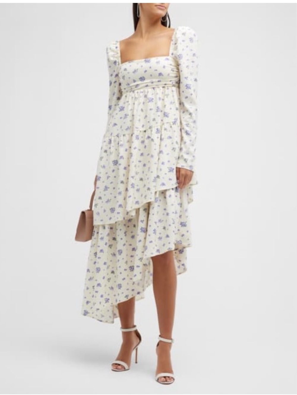 $128 NEW We Wore What Ivory Polka Dot Floral Asymmetric Puff Sleeve Tiered Dress